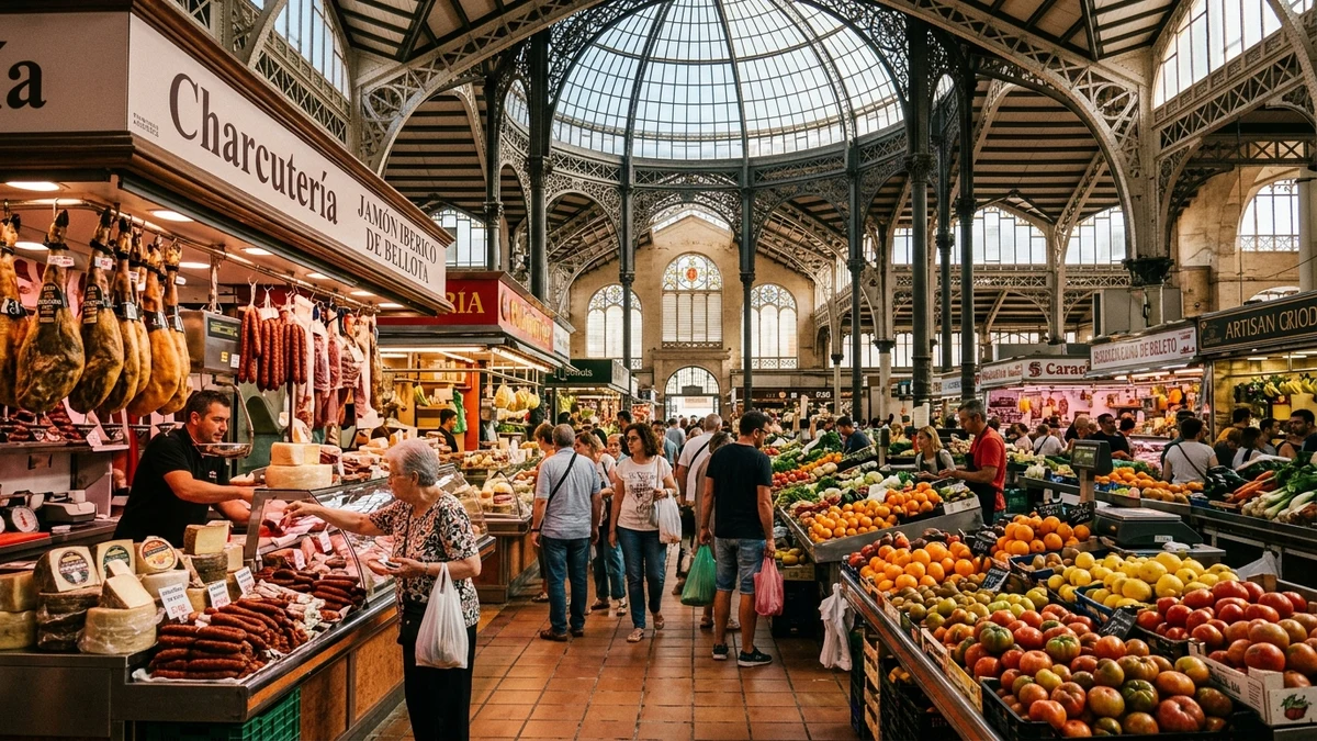 Historic Spanish covered municipal food hall with Jamón Ibérico, fresh seafood counters, and vibrant produce stalls