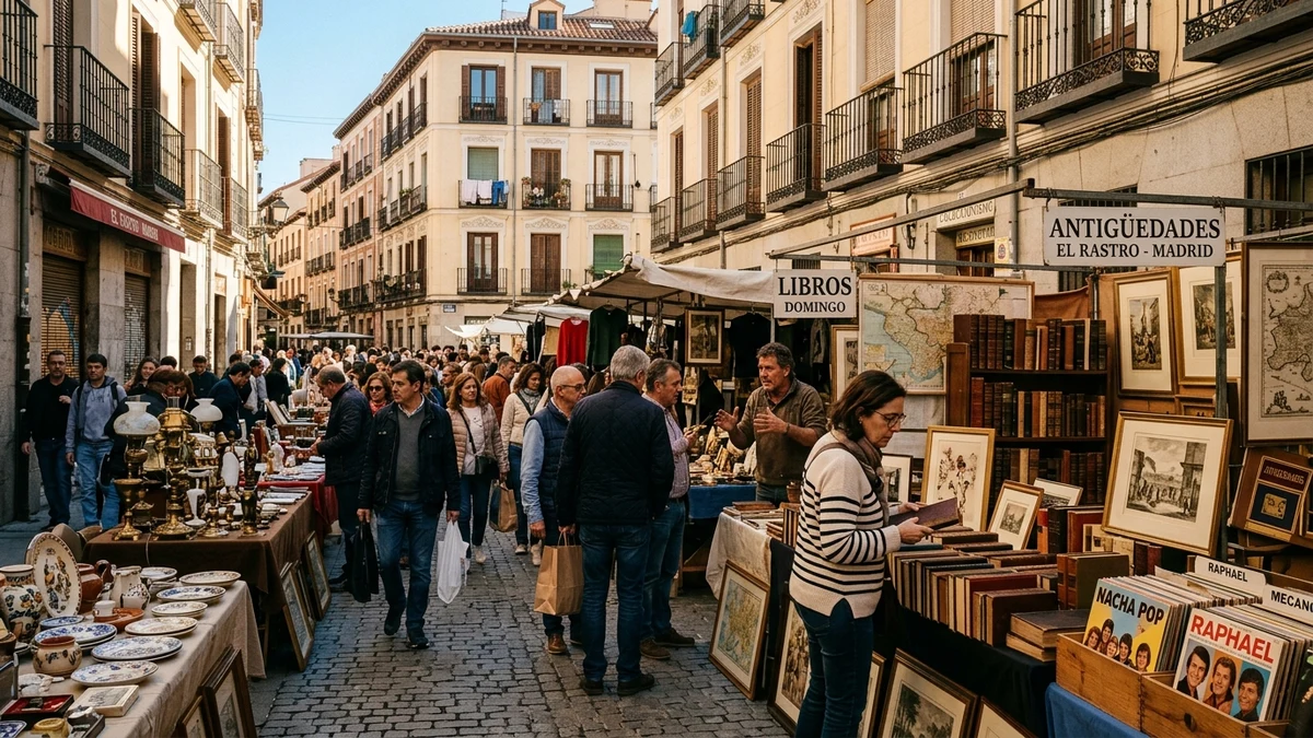 El Rastro de Madrid Sunday flea market with antique clocks, vintage books, and bustling crowds in La Latina